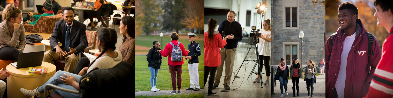 5 photo collage showing students interacting with each other and faculty around campus
