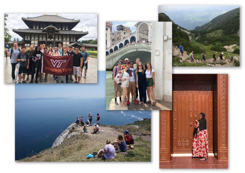 study abroad collage with 5 scenic images that include groups of students