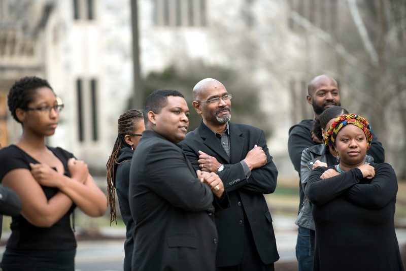 Participants gather for a Black History Month event sponsored by the Virginia Tech Office for Inclusion and Diversity in 2018. Ellington Graves, assistant provost for inclusion and diversity, stands at center right.