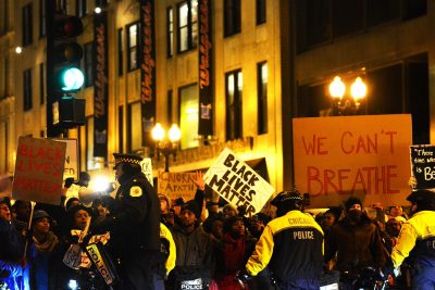 On December 7, 2014, protestors in Chicago demonstrate against police brutality against African Americans.