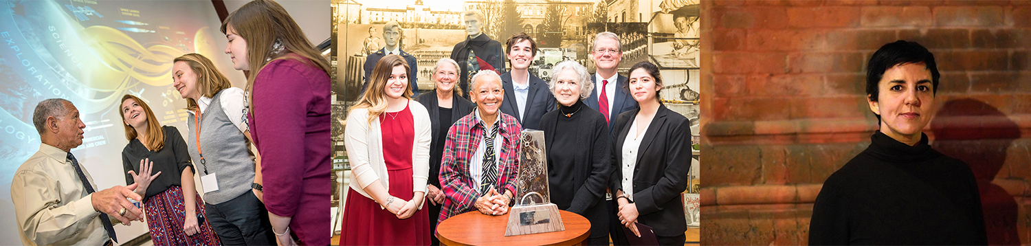 MFA banner collage: left: students and faculty talking; center: Nikki Giovanni at Giovanni-Steger awards surrounded by students and faculty; right: Carmen Giménez-Smith