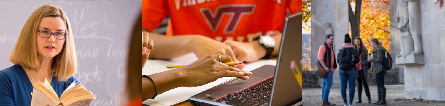 M.A. program banner. collage. Left: Katharine Cleland; center: hands typing on laptop, VT t-shirt in background; right: students standing in front of War Memorial