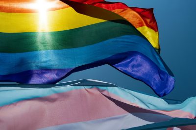 LGBTQ and transgender flags wave in the sunshine