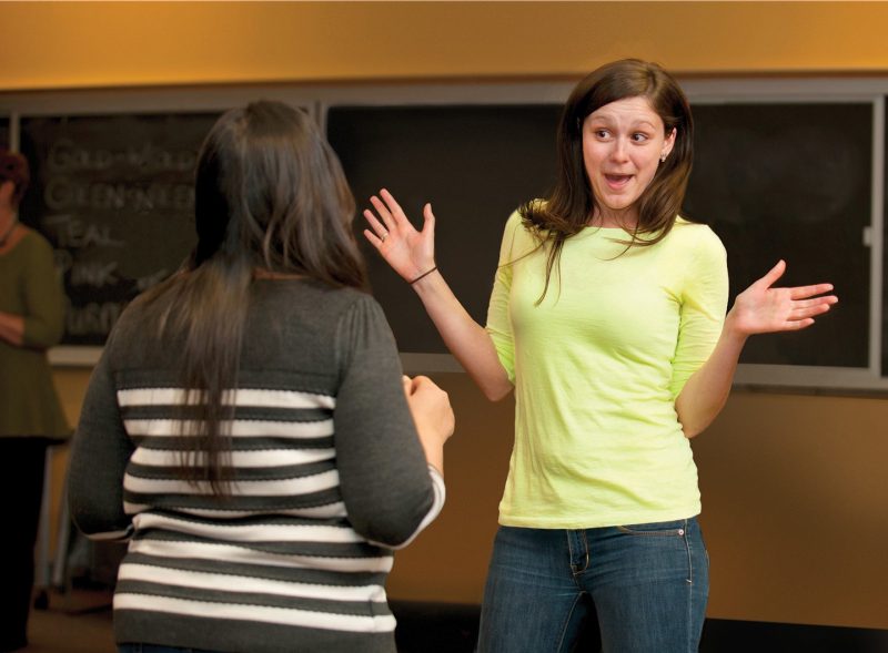 Tashauna Blankenship, then a graduate student in psychology at Virginia Tech, practices improvisational techniques to help her learn the art of communicating science. 