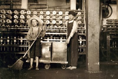 The Introduction to Data in Social Context class researched images of child workers, including this photograph of boys aged 7 and 12 working in a Roanoke, Virginia, cotton mill in 1911. 