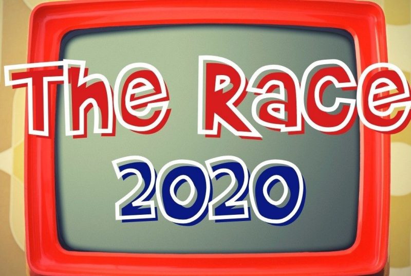 Graphic of "The Race 2020" superimposed over a vintage television screen