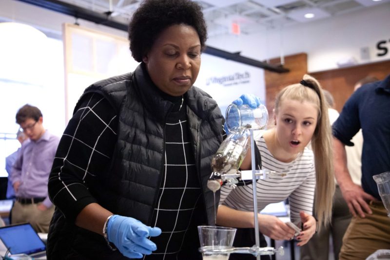 Brenda Brand conducts a science demonstration at a STEM fair at the Virginia Tech School of Education in late 2019.