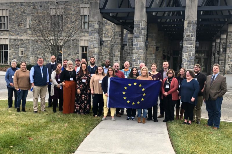 Participants and presenters in the first annual Educators Conference of the Center for European Union, Transatlantic, and Trans-European Space Studies gather in front of the Inn at Virginia Tech. Yannis Stivachtis, the center’s director, appears at the far right. 