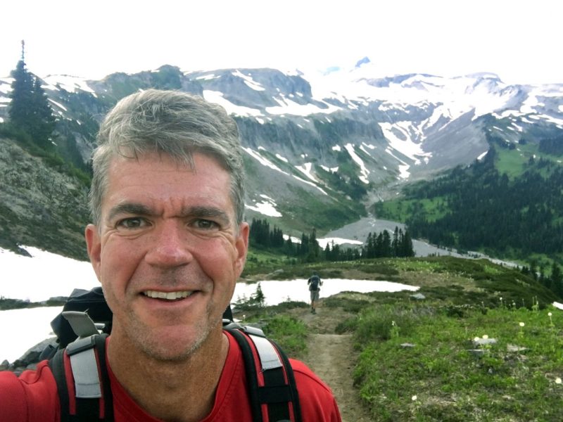 Rob Bohall '91 pictured backpacking at Mt. Ranier.