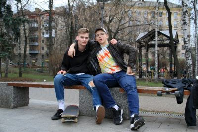 Bogdan Ivanytsia, a sophomore at Virginia Tech and a native of Ukraine, at right, with his friend at a skateboarding park in Kyiv, Ukraine.