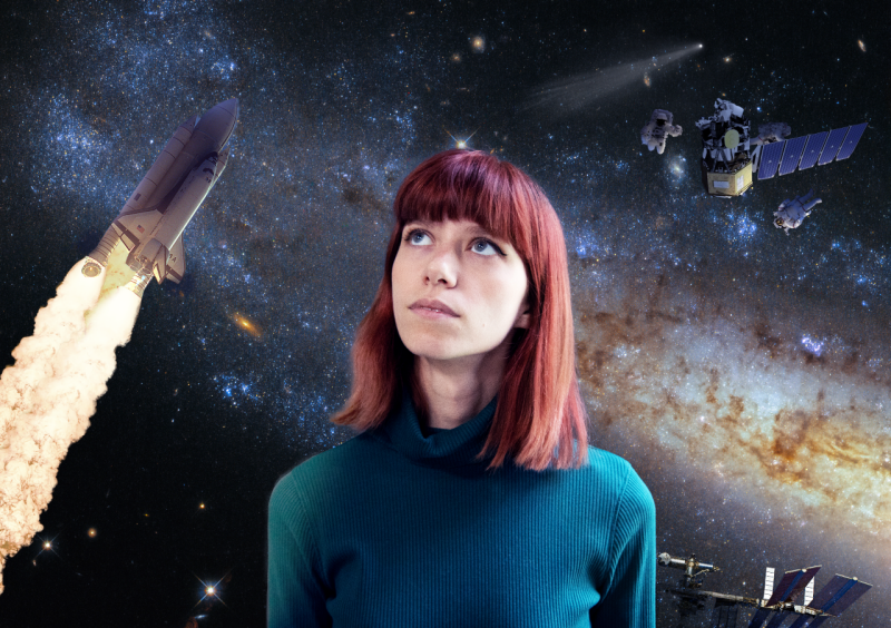 A composite of Savannah Mandel and an image of outer space with a rocket ship and satellites in the backdrop