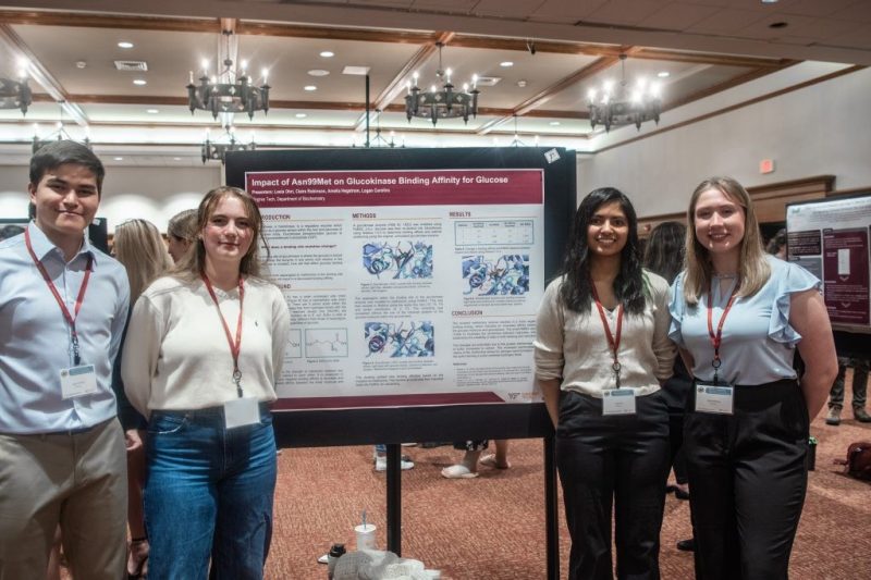  Logan Carolino, Amelia Hegstrom, Leela Ohri, and Claire Robinson are photographed while attending a recent undergraduate research conference in Owens Hall. 