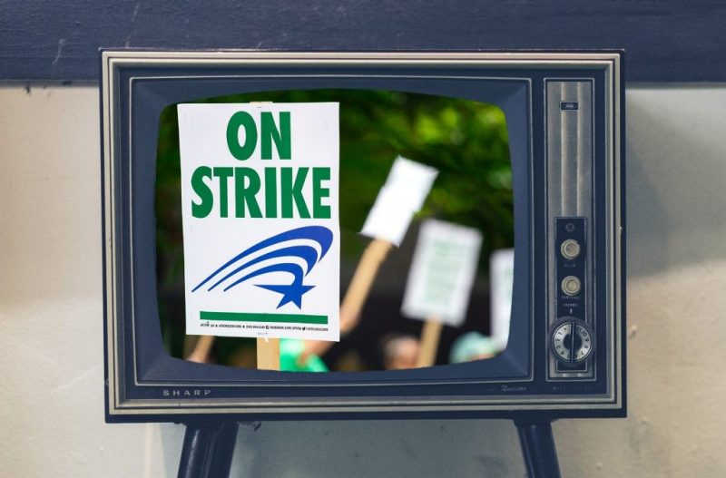 A graphic is shown of a TV with an "on strike" poster on its screen. Image courtesy Pexels/Pixabay