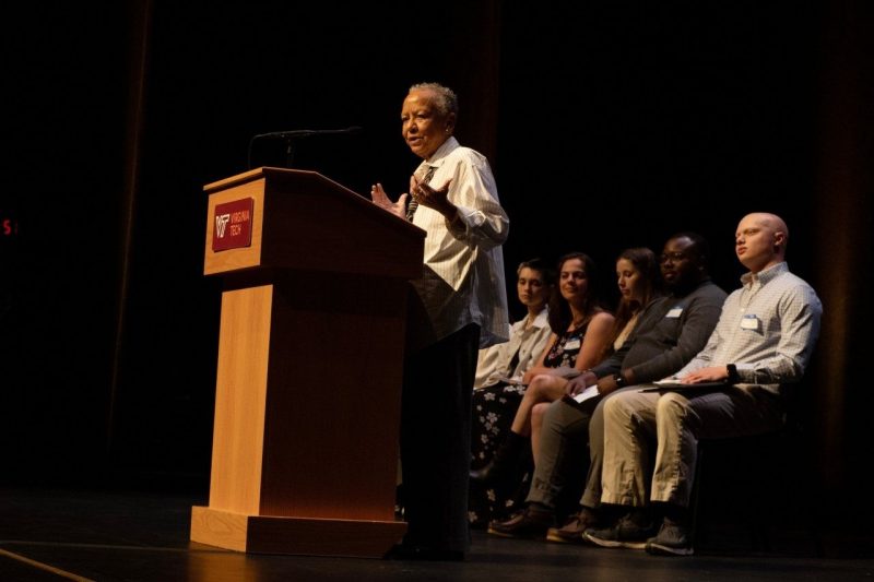 Nikki Giovanni is shown speaking during this year's Giovanni-Steger Poetry Prize ceremony at Moss Arts Center in February. 