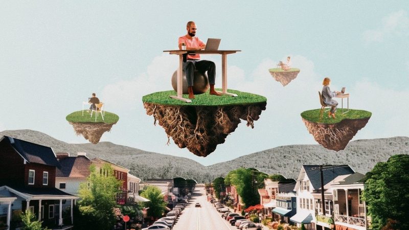 Illustration of people working  at desks while floating in the air on grass mounds, symbolizing remote work. Photo illustration by Christina Franusich for Virginia Tech.