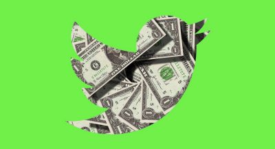 Graphic of Twitter logo filled with dollar bills and encased by neon green color. Image courtesy Pexels/Pixabay.