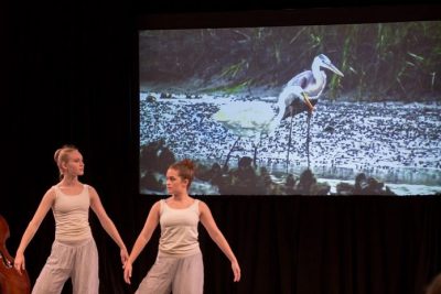 Two performers of the Salt Marsh Suite dance on stage at the ACCelerate Festival.
