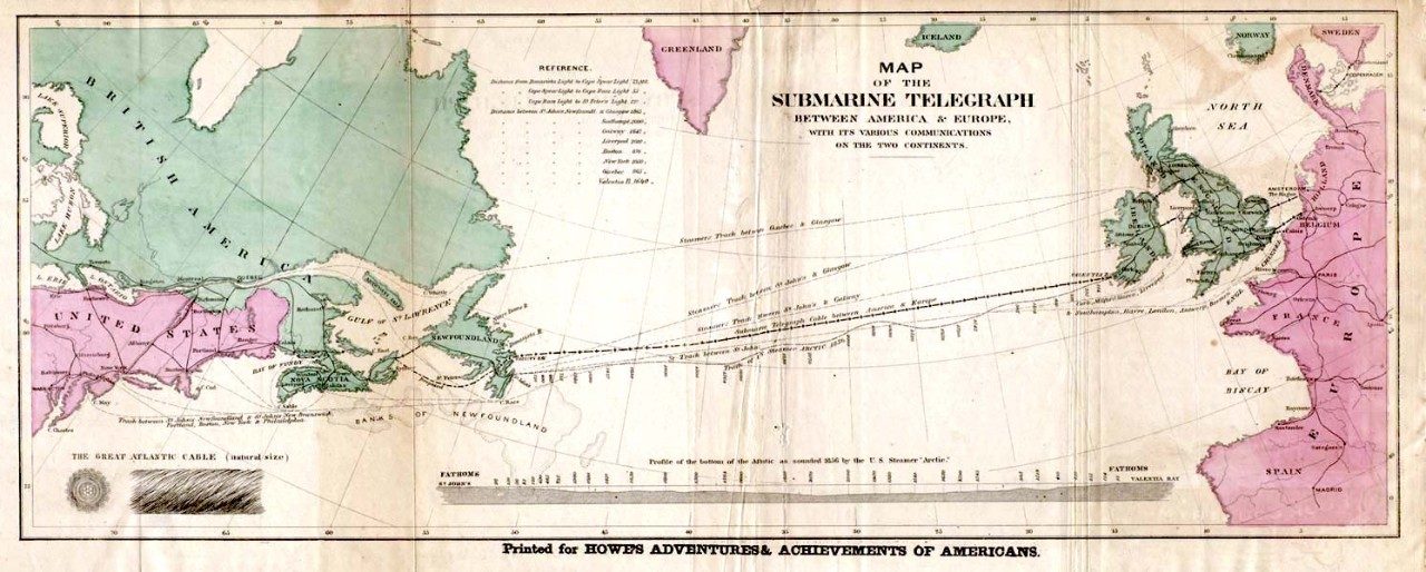 Historical Map of the route of the first transatlantic cable laid establishing hard line communications between Europe and the Americas
