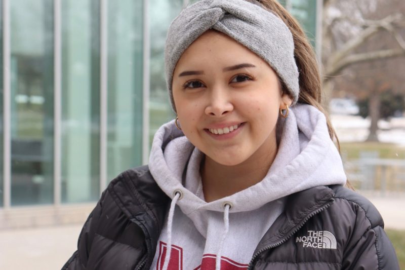 Nathaly Loyola-Rodriguez poses for a photo outside of the Moss Arts Center. Photo by Mary Crawford for Virginia Tech.