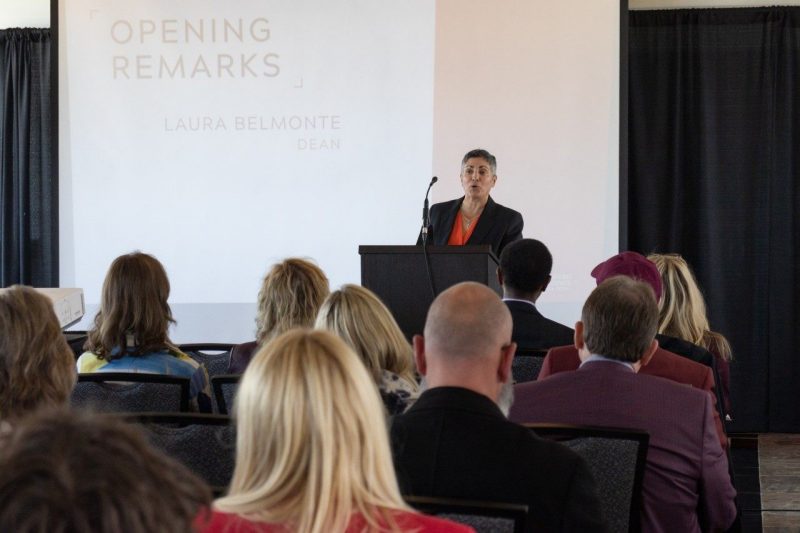 Dean Laura Belmonte delivers opening remarks during the second-annual State of the College, hosted by the College of Liberal Arts and Human Sciences. Photo by Mary Crawford for Virginia Tech.