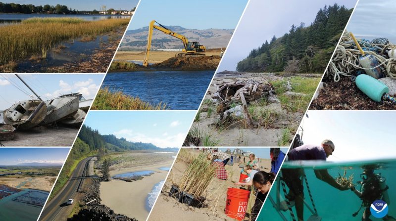 A photo collage of some of the projects being recommended for funding under the Bipartisan Infrastructure Law/Inflation Reduction Act and National Oceanic and Atmospheric Administration's Climate-Ready Coasts initiative. 