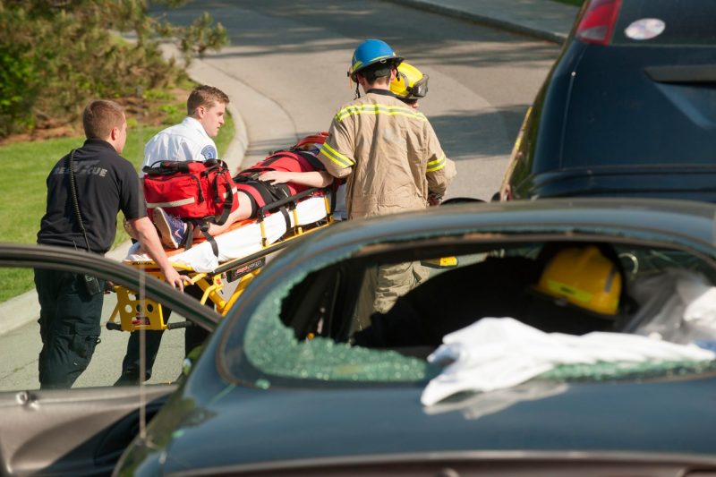 The Virginia Tech rescue squad transports a patient from the scene of a staged DUI during a mock DUI training with VT Rescue and Carilion.