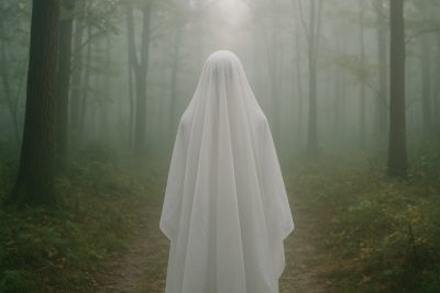 A ghostly image overlooks a misty trail lined with trees.