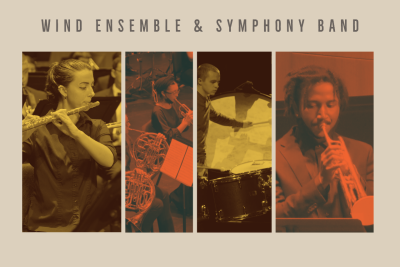Four separate photos of students playing a flute, horns, a trumpet, a bass drum, and a trumpet.