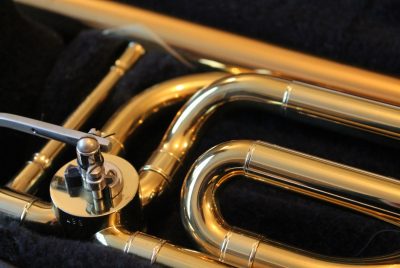 Closeup photo of the values of a trombone
