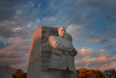 martin luther king jr memorial in washington dc, pictured in soft colors of dusk