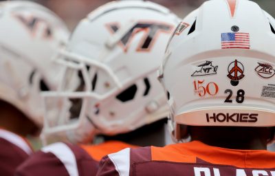 Football helmets with the Virginia Tech 150 logo