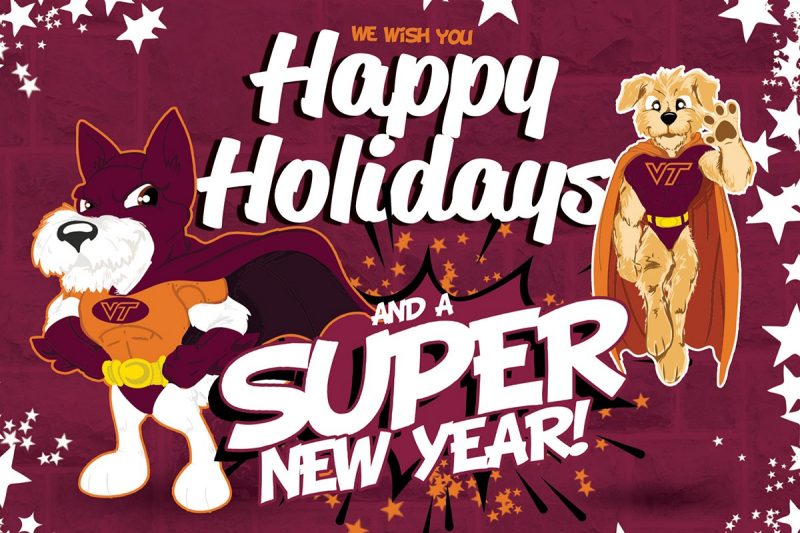 Dog mascots dressed in superhero costumes with holiday message