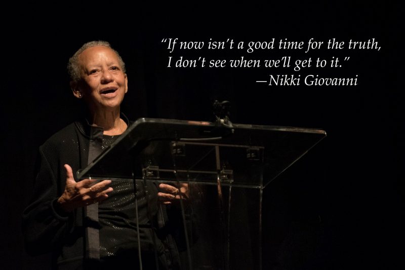 Nikki Giovanni stands at a podium in 2019