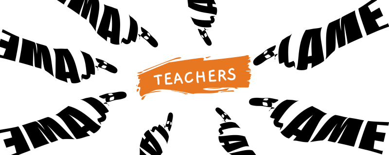 the word teacher, highlighted in orange, is surrounded by seven pointing hands, all built from the word blame in black lettering
