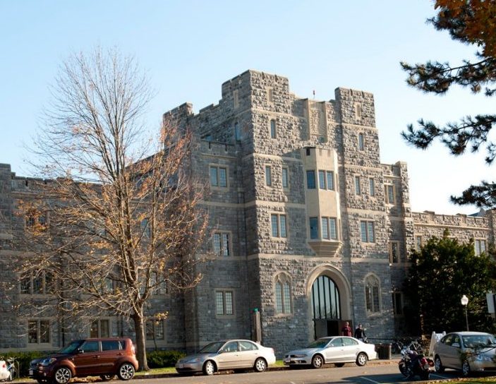 the Hokie Stone exterior of Memorial Hall, the old home of the SOE, facing the drillfield