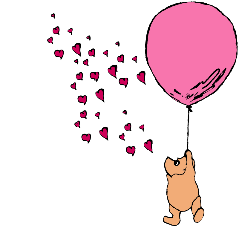 winnie the pooh rises up, following little hearts as they precede him in mid air; his enormous balloon is colored pink