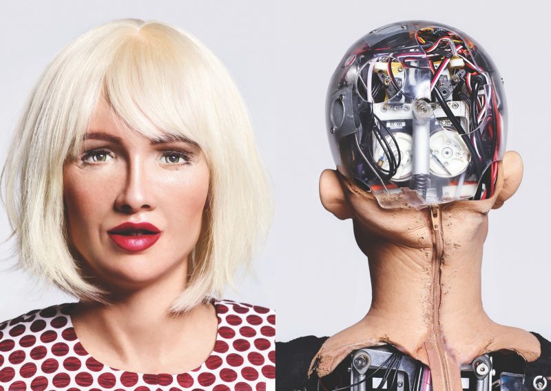 Front and back portrait of Sophia the robot