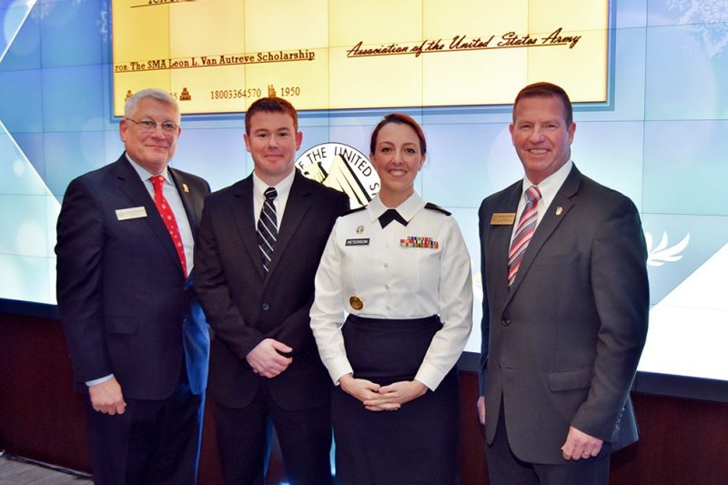 Bryanne Peterson attends the scholarship award ceremony with, from left, retired Gen. Carter Ham, president and chief executive officer of the Association of the U.S. Army; her husband, Easton Peterson; and Kenneth Preston, vice president of Noncommissioned Officer and Soldier Programs of the Association of the U.S. Army and a former sergeant major of the Army.