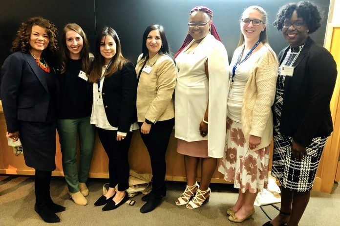 2019 Bouchet Graduate Honor Society scholars gather during the ceremony at Yale University. From left: Chontrese Doswell Hayes, one of the society’ss founders and a Virginia Tech alumna; Ashley Taylor; Mayra Artiles Fonseca; Ayesha Yousafzai; Racheida Lewis; Erika Bass; and Shernita Lee, Graduate School director of recruitment, diversity, and inclusion. Photo courtesy of Ashley Taylor.