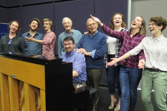 “The Sap of Life” cast members rehearse a song with composer David Shire and lyricist Richard Maltby Jr. Pictured from left are Mary Wright, Tucker Miller, Taylor Cobb, Shire, Richard Masters (at piano), Maltby, Sydney Kendrick, Allison Harris, and Mary Haugh.
