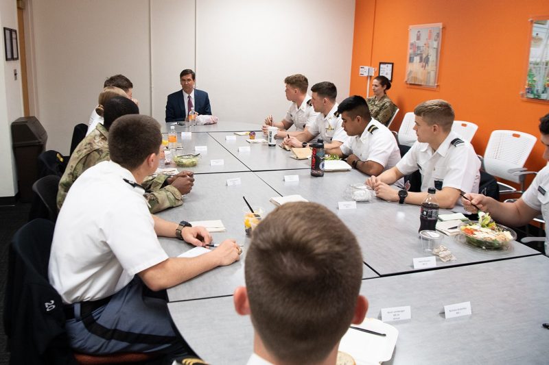 Secretary of the U.S. Army Mark T. Esper has lunch with cadets in Army ROTC in Squires Student Center. Photo courtesy of the Secretary of the U.S. Army’s Office.