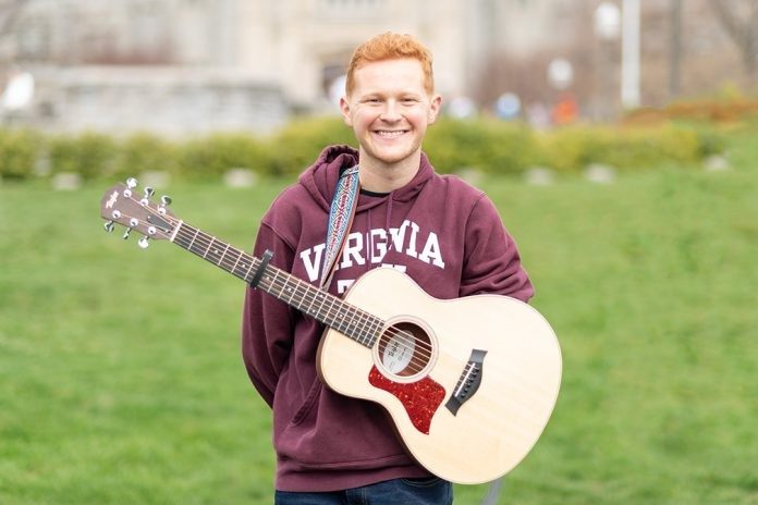 Andrew Young, a junior at Virginia Tech, is a guitarist and song writer who was born with only one hand. He performs at local venues and for campus events.