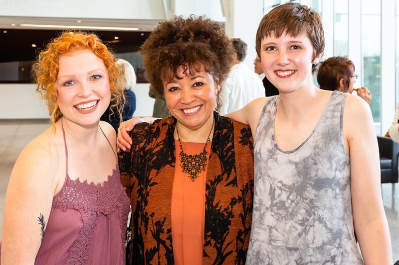 First-place winner Emily Webb (left) joins Lucinda Roy, an Alumni Distinguished Professor of English, and Hannah Wynne, a Steger Poetry Prize finalist.