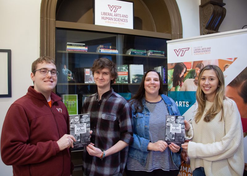 From left, Frank Powell, Seth Hendrickson, Kayla Mizelle, and Brianna Sclafani were among the history students who co-authored a book on the American mindset during the 1960s. Their fellow authors included Brett Kershaw, Claire Ko, Kaya McGee, Abigail Simko, and Gia Theocharidis. Professor Marian Mollin edited the book. Photo by Andrew Adkins for Virginia Tech.