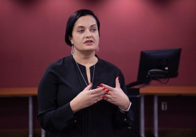 Farida Jalalzai delivers a presentation titled “Why the U.S. Still Doesn’t Have a Woman President” during a guest lecture at Virginia Tech in early February. Andrew Adkins for Virginia Tech.