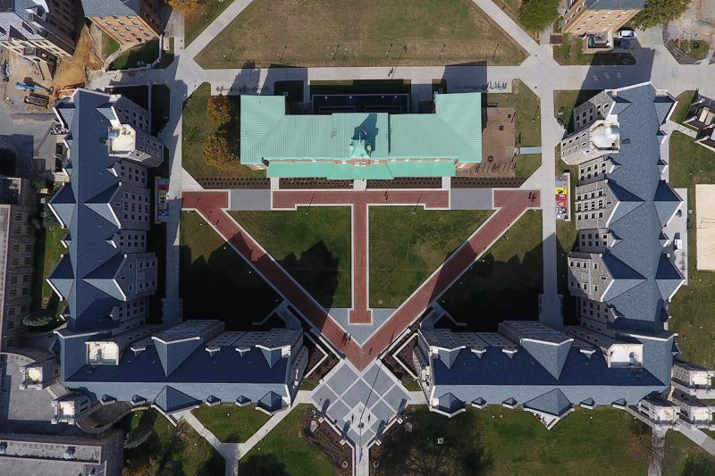 Aerial view of Pearson Hall West and East, flanking Lane Hall on Virginia Tech’s Upper Quad.