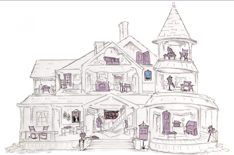 Drawing of a doll-house-like historic house