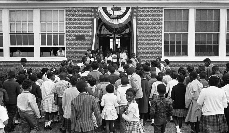 African American schoolchildren entering the Mary E. Branch School at S. Main Street and Griffin Boulevard, Farmville, Prince Edward County, Virginia on September 16, 1963