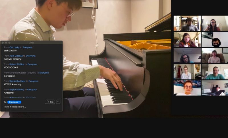 Student Zhou Wang performs Franz Liszt’s “Grandes études de Paganini” during a virtual Convocation meeting, which allows students to meet from their individual spaces. Photo courtesy of Annie Stevens. 