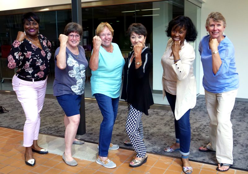The six trailblazing women engineers featured in Inspire! standing alongside Dr. Laura Ettinger. (From left to right) Debra Dibble Boone, Kate Harper, Susan Suhr, Laura Ettinger, Suzanne Hardie, Joanie Banks-Hunt, and Sheree Gibson